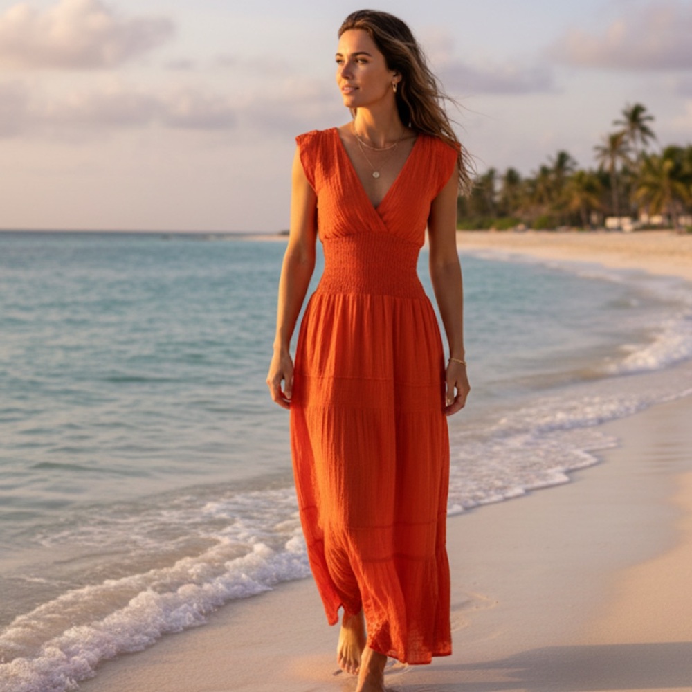 Felicité Tomato Red Cotton Gauze Smocked Midi Dress Size XS